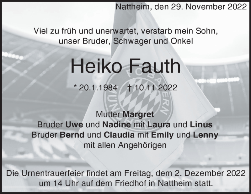 Traueranzeige für Heiko Fauth vom 29.11.2022 aus Heidenheimer Zeitung