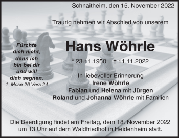 Traueranzeige von Hans  Wöhrle von Heidenheimer Zeitung