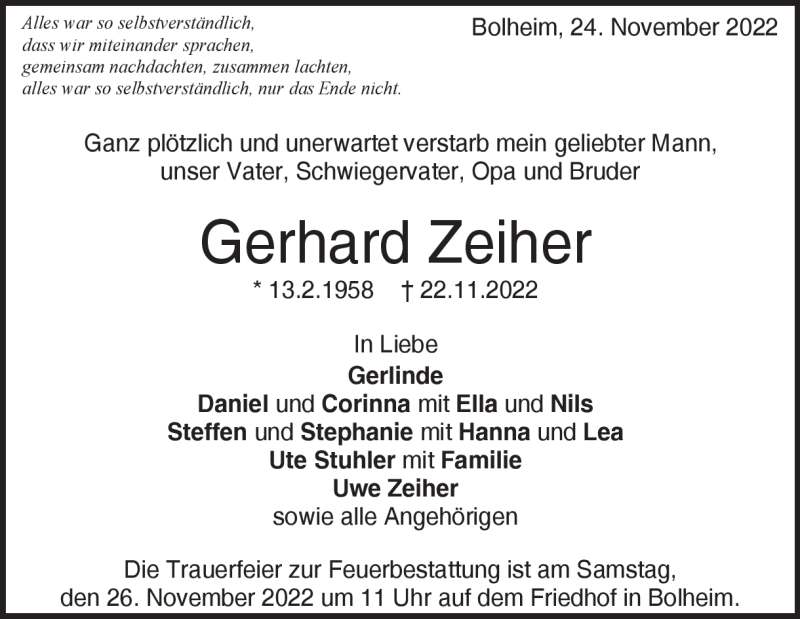  Traueranzeige für Gerhard Zeiher vom 24.11.2022 aus Heidenheimer Zeitung