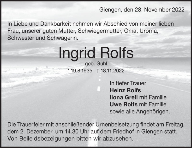  Traueranzeige für Ingrid Rolfs vom 28.11.2022 aus Heidenheimer Zeitung