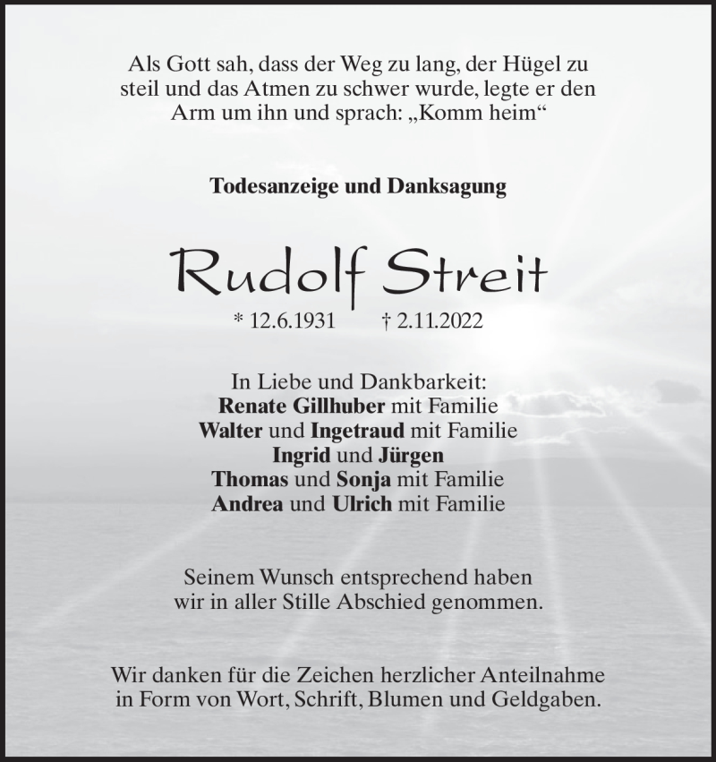  Traueranzeige für Rudolf Streit vom 24.11.2022 aus Heidenheimer Zeitung
