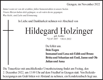 Traueranzeige von Hildegard Holzinger von Heidenheimer Zeitung