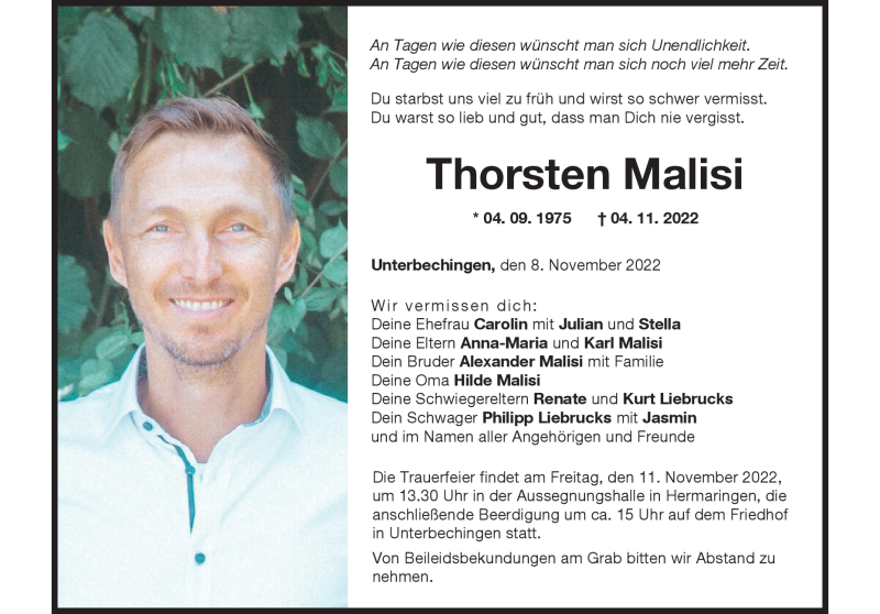  Traueranzeige für Thorsten Malisi vom 08.11.2022 aus Heidenheimer Zeitung