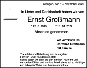 Traueranzeige von Ernst Großmann von Heidenheimer Zeitung