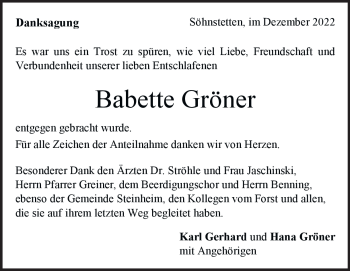 Traueranzeige von Babette Gröner von Heidenheimer Zeitung