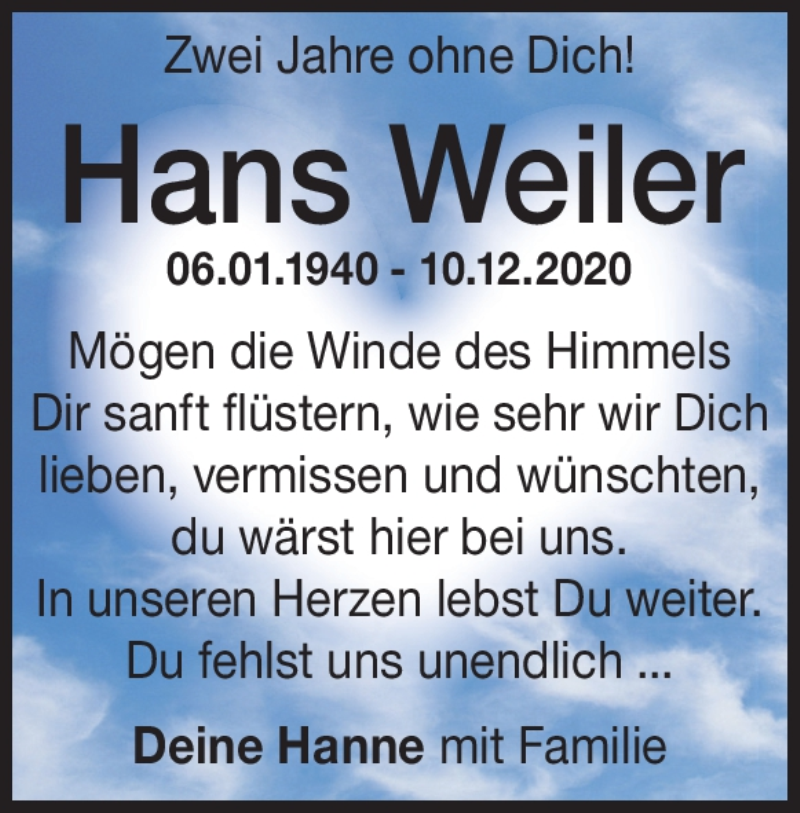  Traueranzeige für Hans Weiler vom 10.12.2022 aus Heidenheimer Zeitung