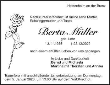 Traueranzeige von Berta Müller von Heidenheimer Zeitung