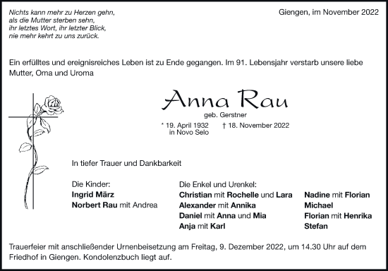 Traueranzeige von Anna Rau von Heidenheimer Zeitung
