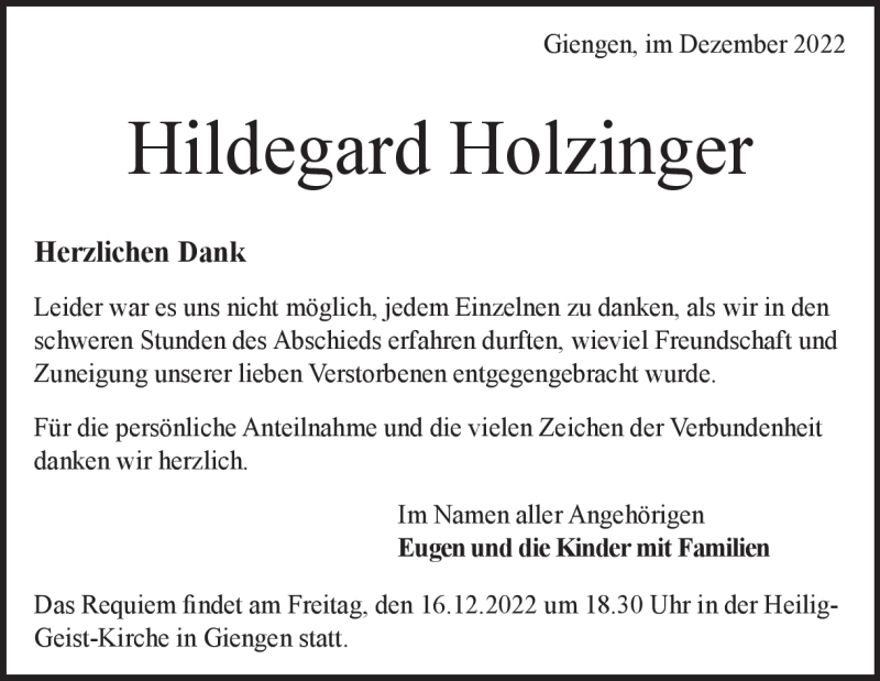  Traueranzeige für Hildegard Holzinger vom 12.12.2022 aus Heidenheimer Zeitung