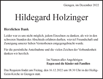 Traueranzeige von Hildegard Holzinger von Heidenheimer Zeitung