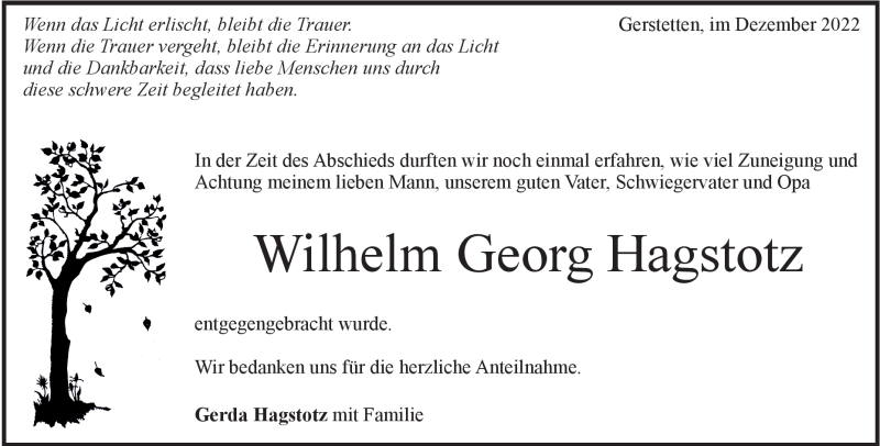  Traueranzeige für Wilhelm Georg Hagstotz vom 10.12.2022 aus Heidenheimer Zeitung