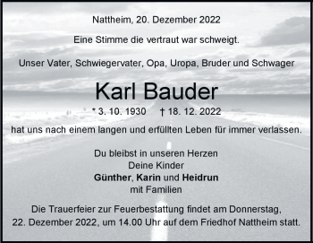Traueranzeige von Karl Bauder von Heidenheimer Zeitung