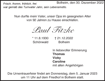 Traueranzeige von Paul Fitzke von Heidenheimer Zeitung
