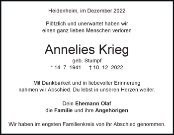 Traueranzeige von Annelies Krieg von Heidenheimer Zeitung
