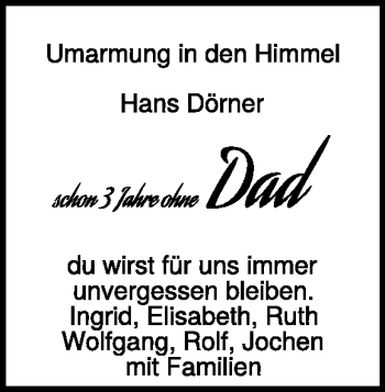 Traueranzeige von Hans Dörner von Heidenheimer Zeitung