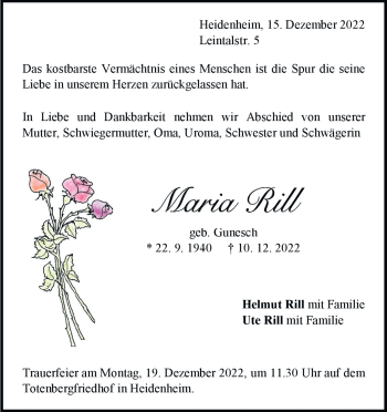 Traueranzeige von Maria Rill von Heidenheimer Zeitung