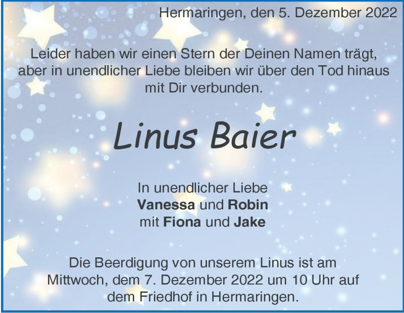  Traueranzeige für Linus Baier vom 05.12.2022 aus Heidenheimer Zeitung