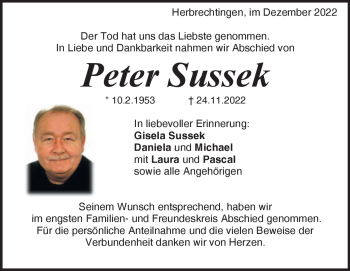 Traueranzeige von Peter Sussek von Heidenheimer Zeitung