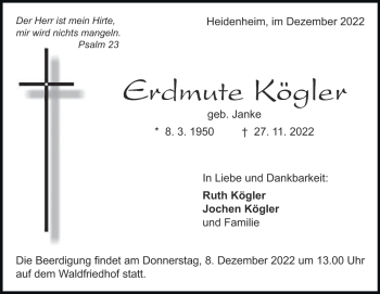 Traueranzeige von Erdmute Kögler von Heidenheimer Zeitung