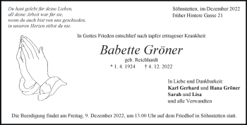 Traueranzeige von Babette Gröner von Heidenheimer Zeitung