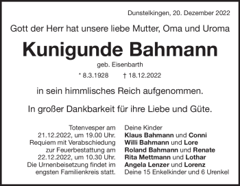 Traueranzeige von Kunigunde Bahmann von Heidenheimer Zeitung