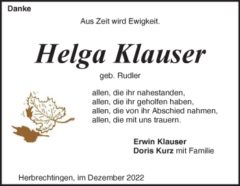 Traueranzeige von Helga Klauser von Heidenheimer Zeitung