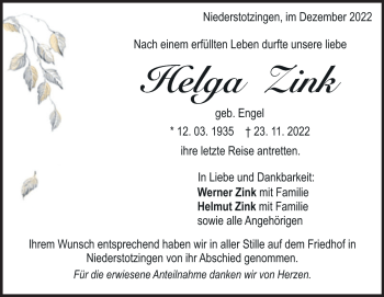 Traueranzeige von Helga Zink von Heidenheimer Zeitung