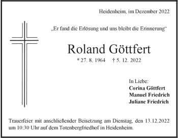 Traueranzeige von Roland Göttfert von Heidenheimer Zeitung