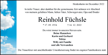 Traueranzeige von Reinhold Füchsle von Heidenheimer Zeitung