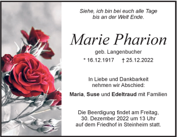 Traueranzeige von Marie Pharion von Heidenheimer Zeitung