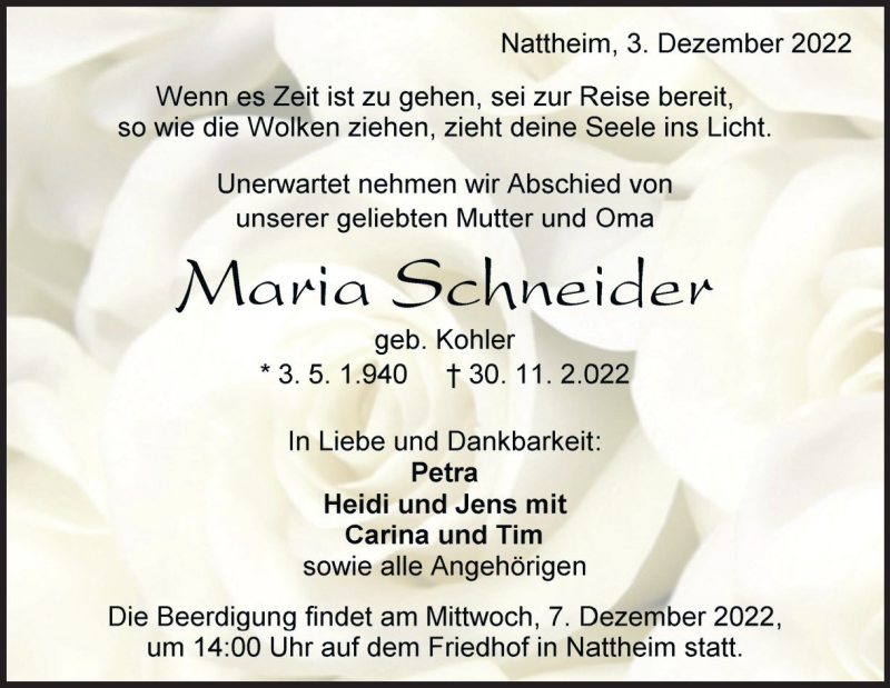  Traueranzeige für Maria Schneider vom 03.12.2022 aus Heidenheimer Zeitung