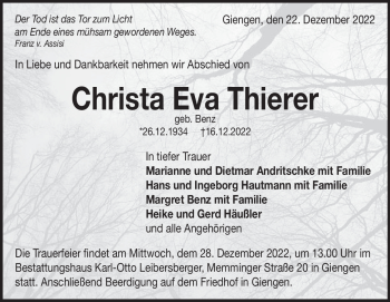 Traueranzeige von Christa Eva Thierer von Heidenheimer Zeitung