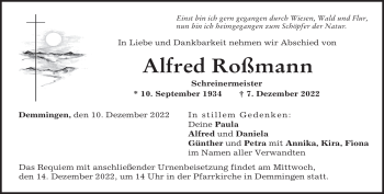 Traueranzeige von Alfred Roßmann von Heidenheimer Zeitung