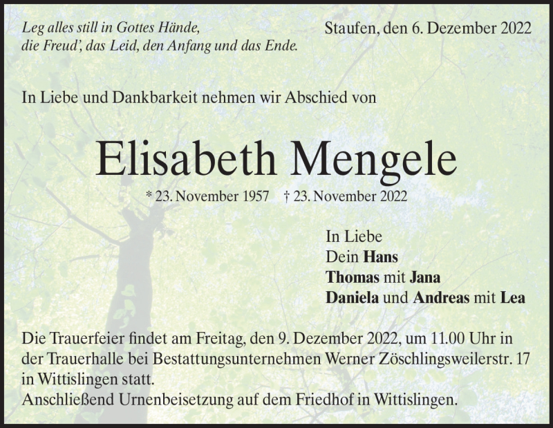  Traueranzeige für Elisabeth Mengele vom 06.12.2022 aus Heidenheimer Zeitung