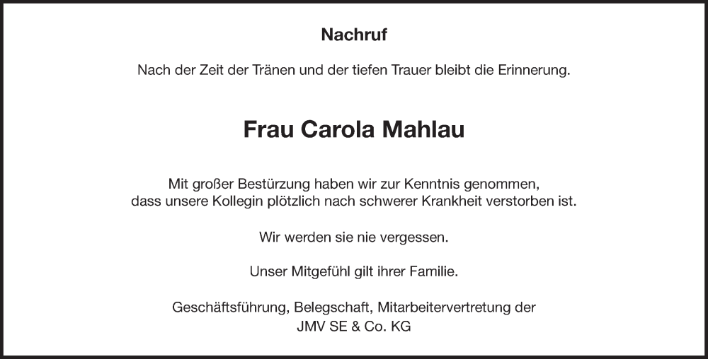  Traueranzeige für Carola Mahlau vom 15.12.2022 aus Heidenheimer Zeitung