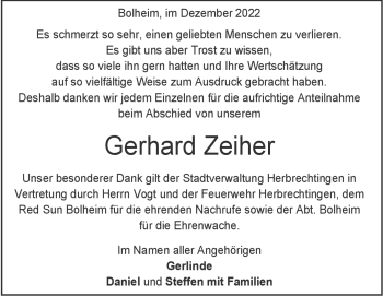 Traueranzeige von Gerhard Zeiher von Heidenheimer Zeitung