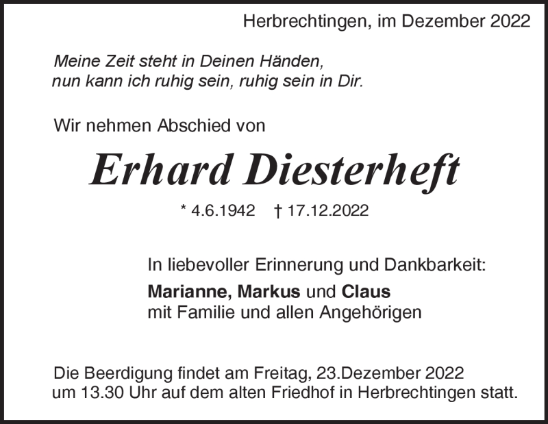  Traueranzeige für Erhard Diesterheft vom 21.12.2022 aus Heidenheimer Zeitung