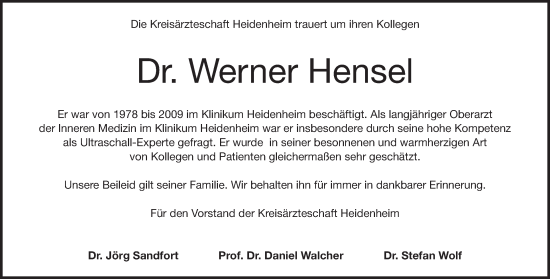Traueranzeige von Werner Hensel von Heidenheimer Zeitung