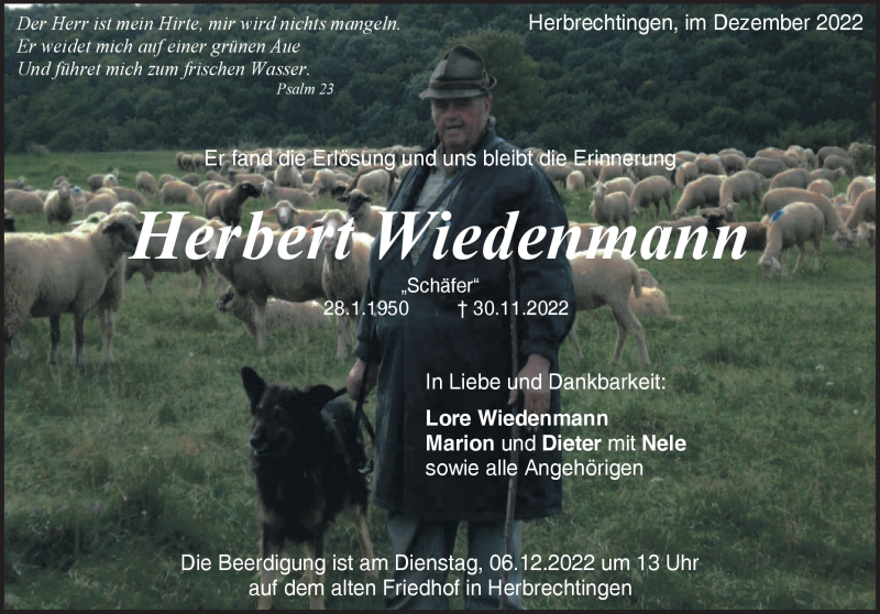  Traueranzeige für Herbert Wiedenmann vom 03.12.2022 aus Heidenheimer Zeitung