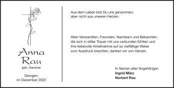 Traueranzeige von Anna Rau von Heidenheimer Zeitung