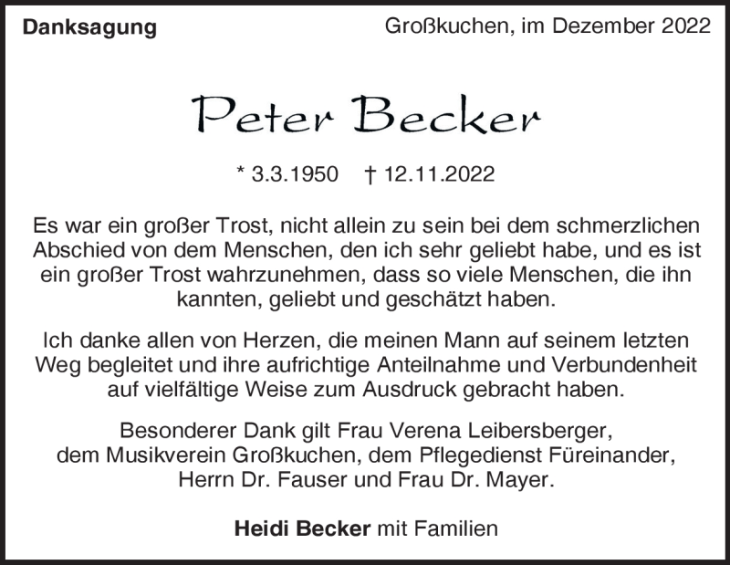  Traueranzeige für Peter Becker vom 17.12.2022 aus Heidenheimer Zeitung