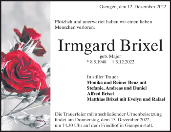 Traueranzeige von Irmgard Brixel von Heidenheimer Zeitung