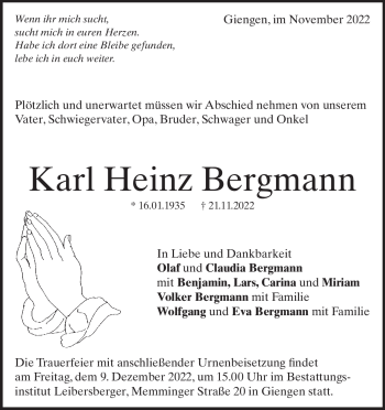 Traueranzeige von Karl Heinz Bergmann von Heidenheimer Zeitung