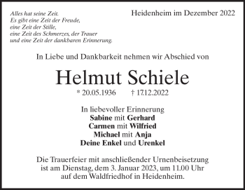 Traueranzeige von Helmut Schiele von Heidenheimer Zeitung