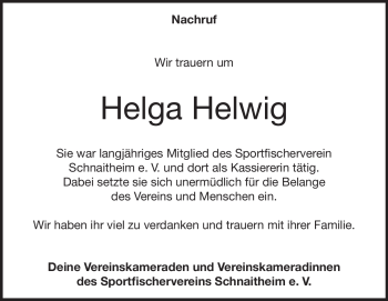 Traueranzeige von Helga Helwig von Heidenheimer Zeitung