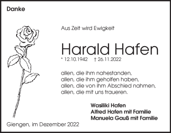 Traueranzeige von Harald Hafen von Heidenheimer Zeitung