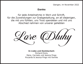 Traueranzeige von Lore Dluhy von Heidenheimer Zeitung