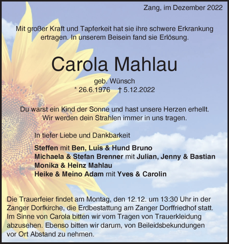  Traueranzeige für Carola Mahlau vom 10.12.2022 aus Heidenheimer Zeitung