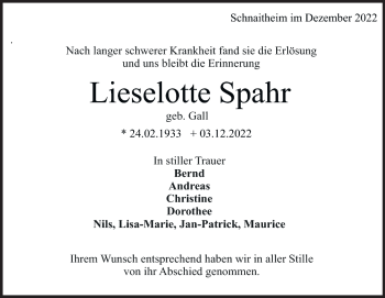 Traueranzeige von Lieselotte Spahr von Heidenheimer Zeitung