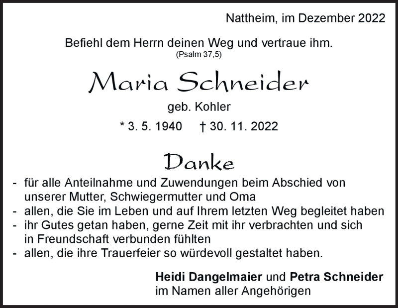  Traueranzeige für Maria Schneider vom 17.12.2022 aus Heidenheimer Zeitung
